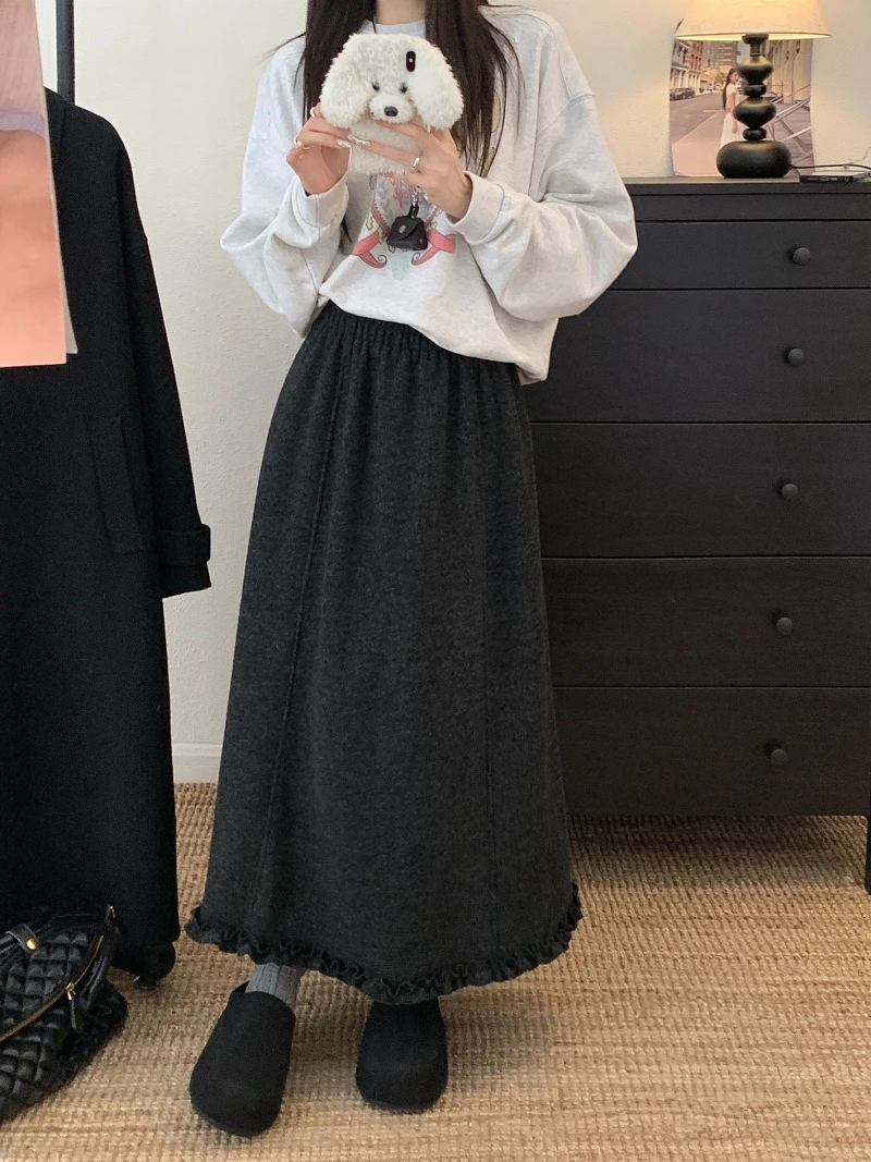2025冬季新款木耳边加绒加厚毛呢半身裙女高腰显瘦垂感软糯中长裙