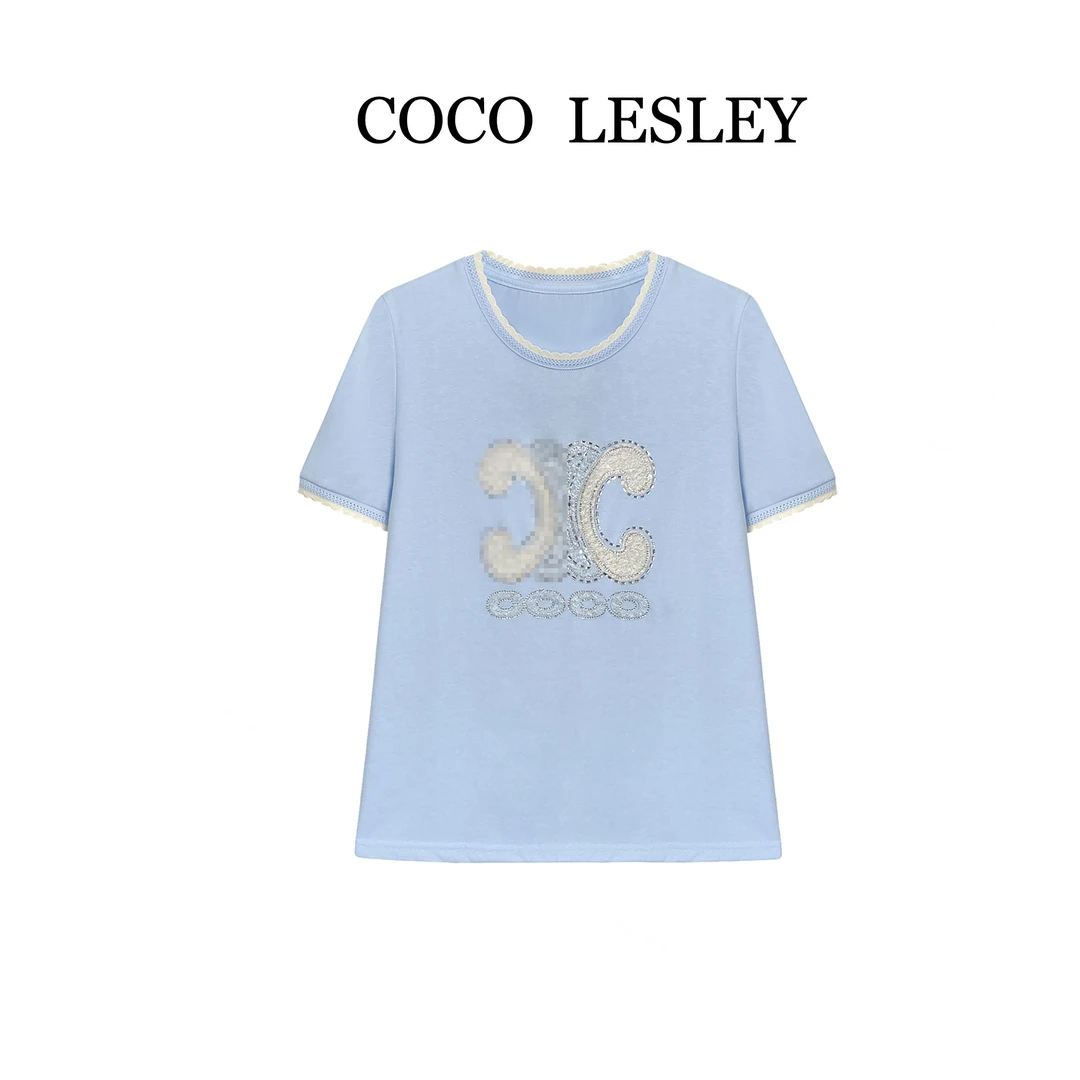 【COCO LESLEY】68082#重工拼接烫钻短袖T恤2025百搭个性潮流上衣