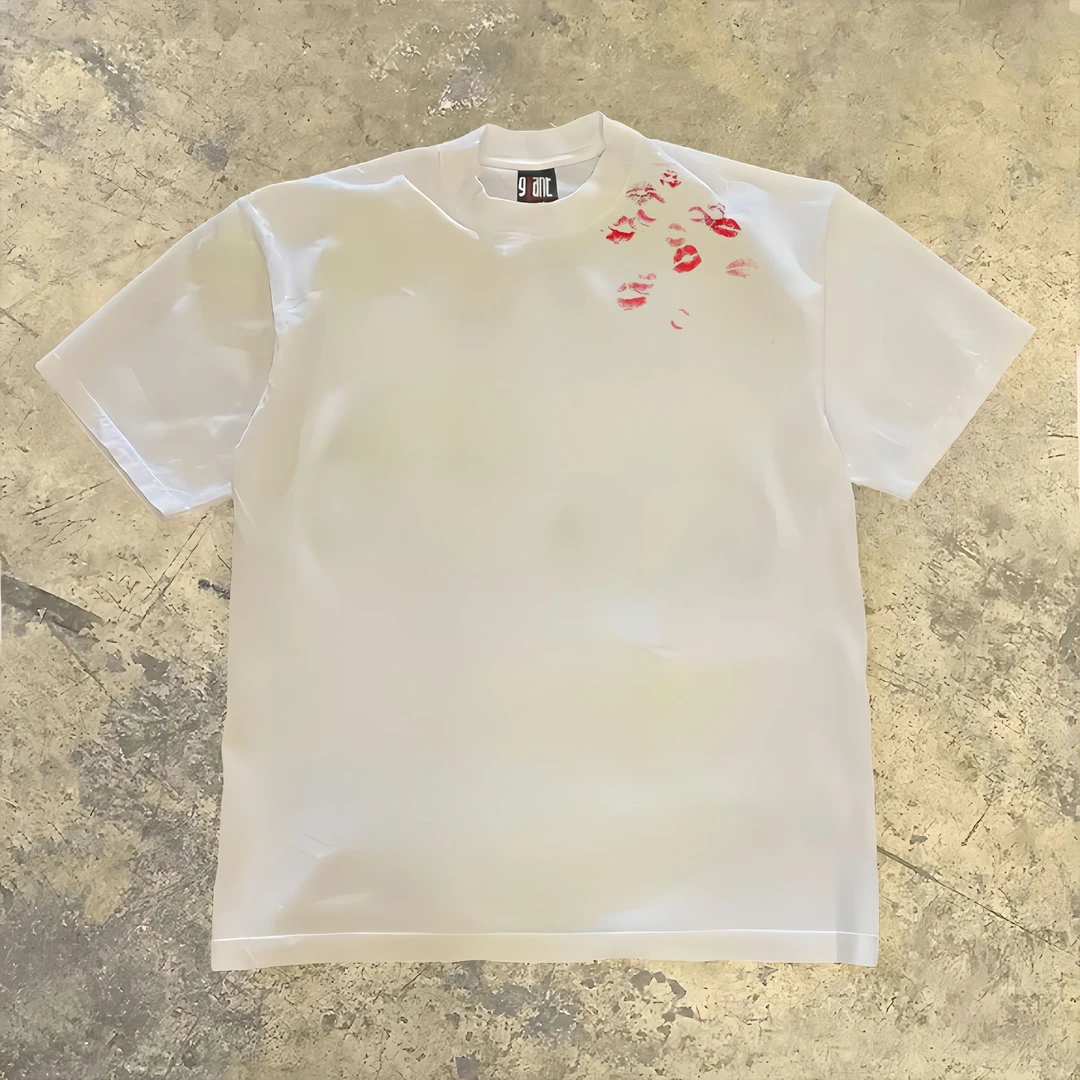 白色！新款时尚个性美式红唇印花圆领短袖T恤小众宽松纯色百搭上衣