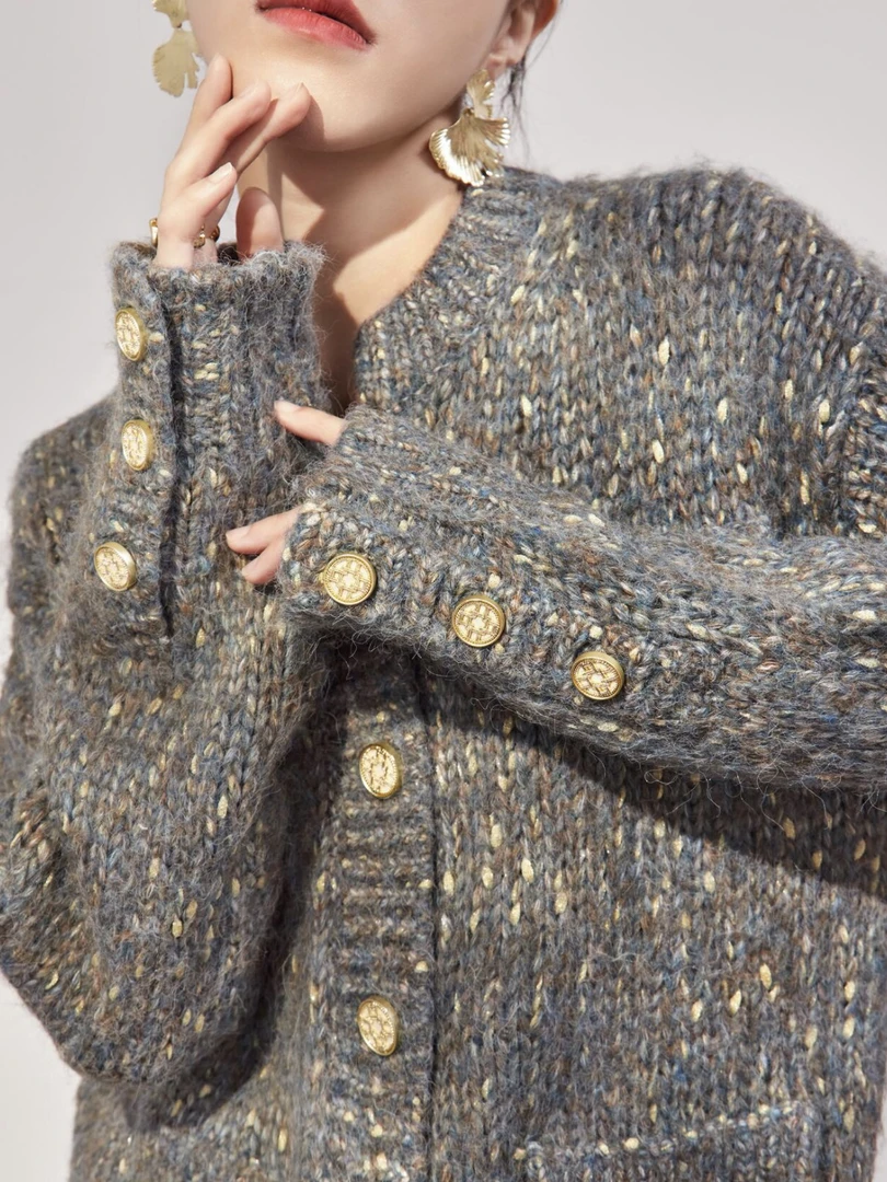 意大利雪花纱小香风针织开衫软糯慵懒毛衣外套女9724