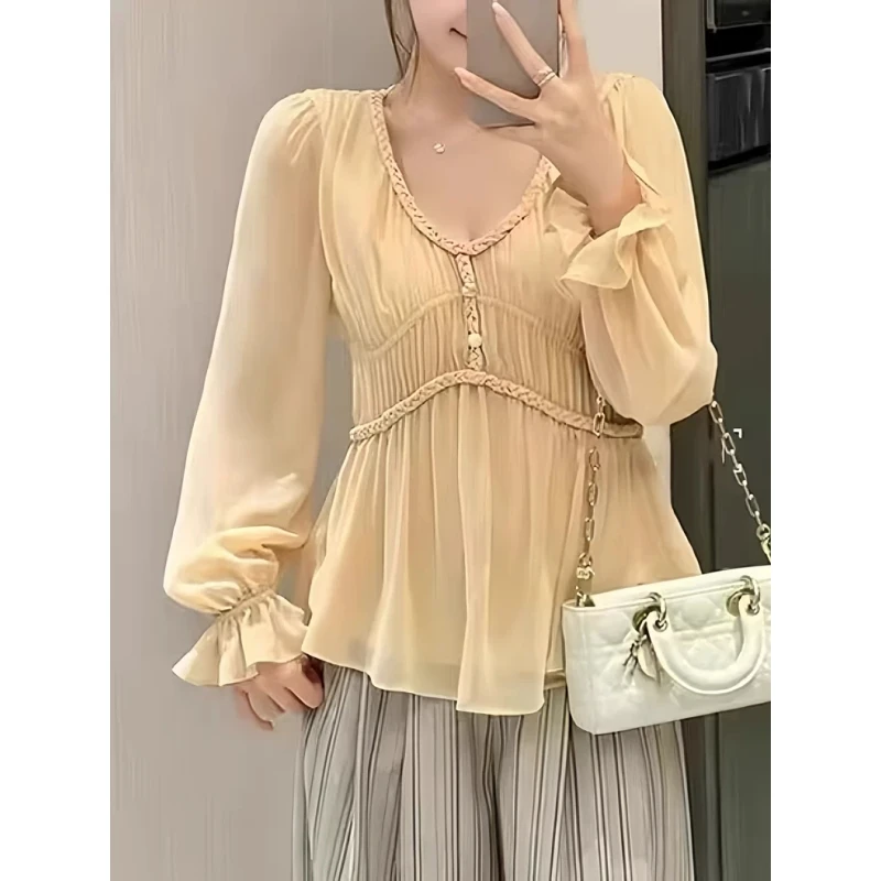 大码法式温柔V领收腰雪纺衬衫女早秋新款微胖巨好看小衫显瘦上衣