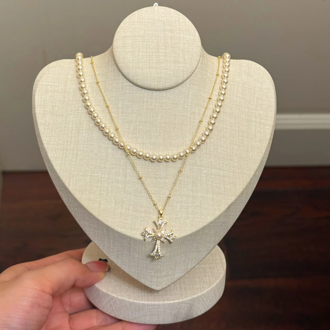 铜合金仿珍珠项链 X0180 时尚气质百搭个性潮流双层十字架项链