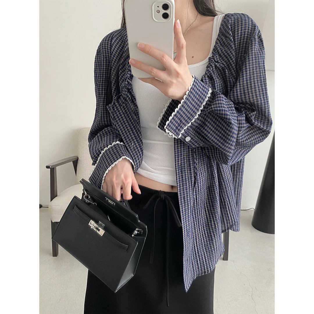 格子花序&设计款领口抽绳袖口蕾丝边防晒衫上衣外套