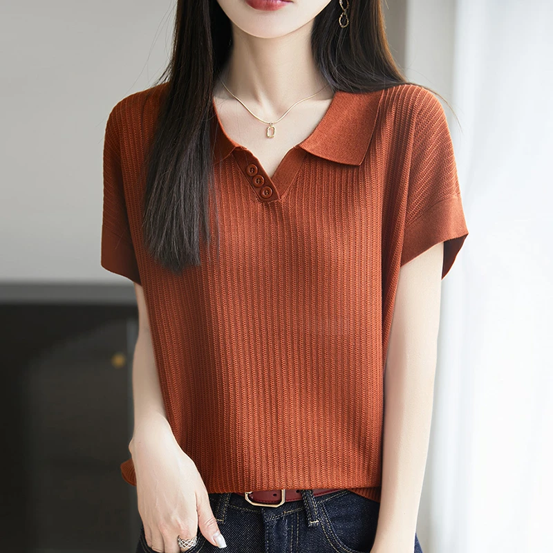 5127【100天丝莱赛尔】时尚翻领短袖t恤女夏季新款洋气显瘦针织上衣