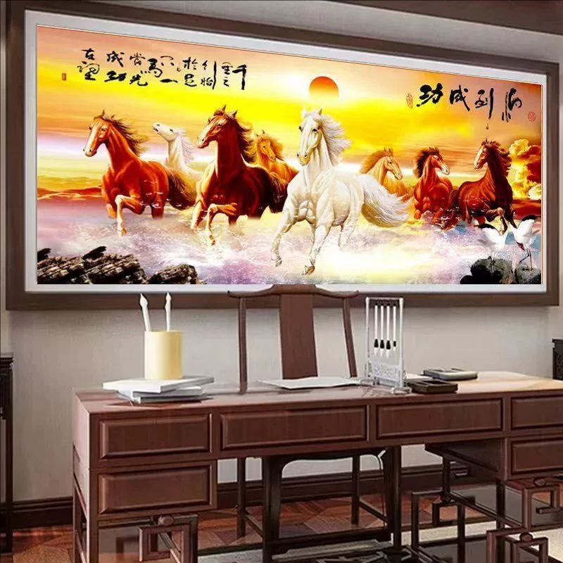 纯手工十字绣成品金色八骏图马到成功满绣新款客厅大幅挂画绣好的
