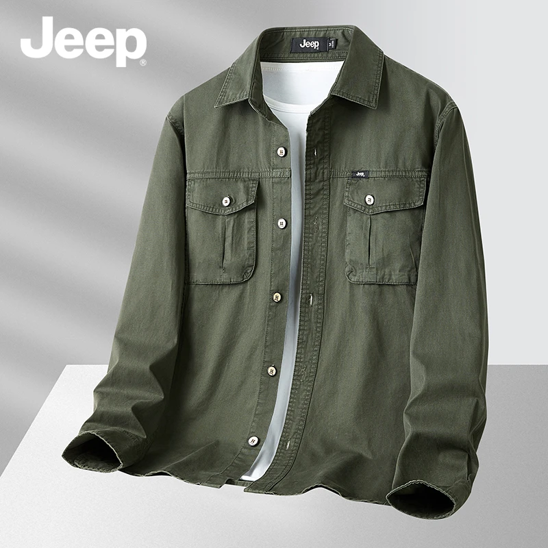 JEEP/吉普2025新款耐脏秋季男长袖方领宽松字母衬衫时尚潮流