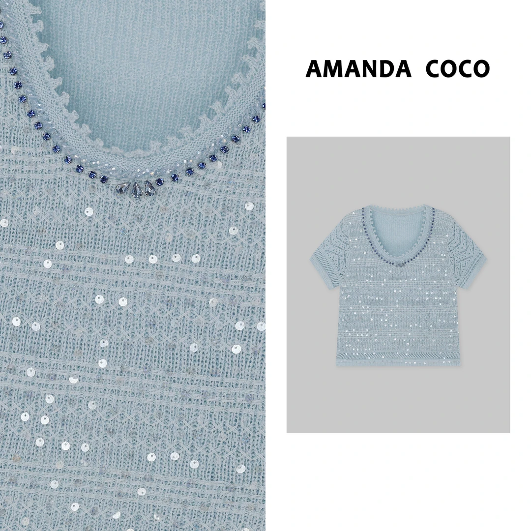 AMANDACOCO奈奈 |云间浅夏～重工串钻人鱼姬亮片时髦v领短袖针织衫