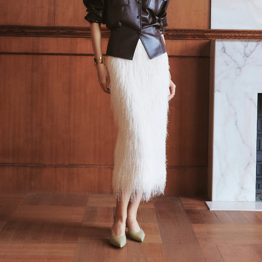 LYNEE【静奢翎羽】流苏拼接半裙 中长款直筒裙LGD2FAW009-加长版