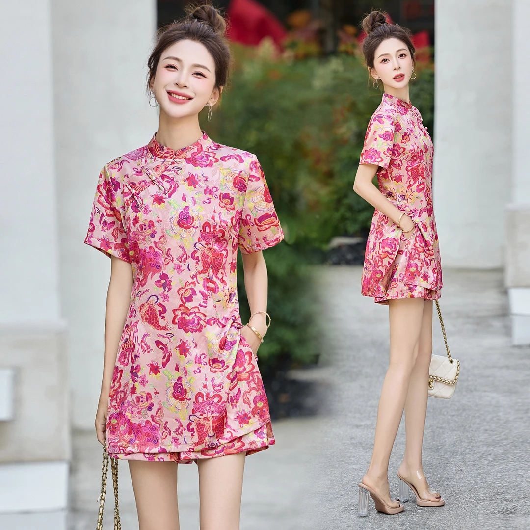 新中式国风印花套装女2025夏季新款时尚气质设计感显瘦短裤两件套