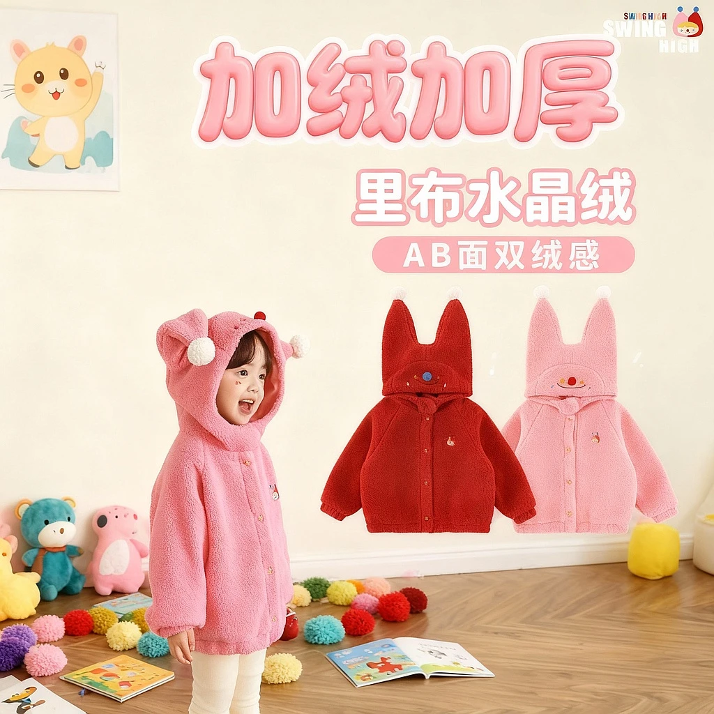 幼悠女童小丑连帽加绒加厚毛毛衣外套秋冬款小女孩新款冬装D4453