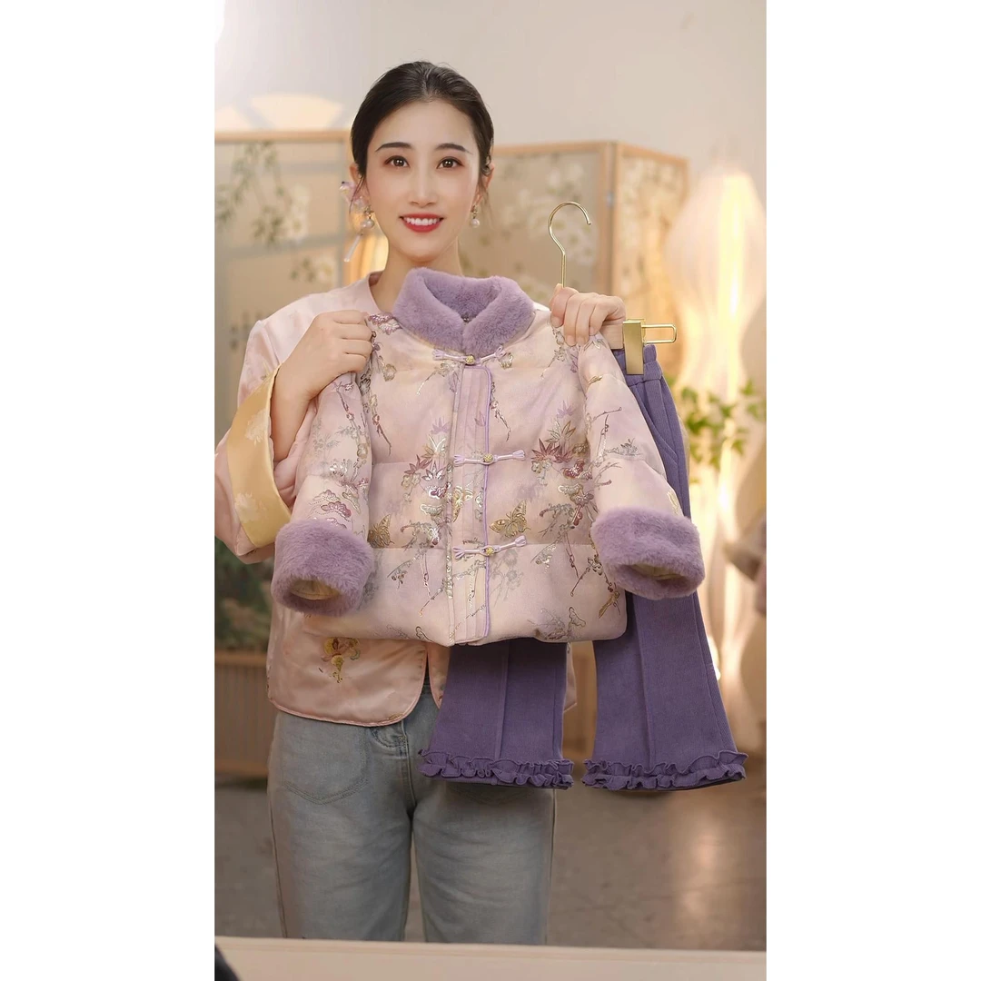 奥莱【专柜正品】【紫月】带拉链SC714女童冬季新中式加绒加厚国风棉