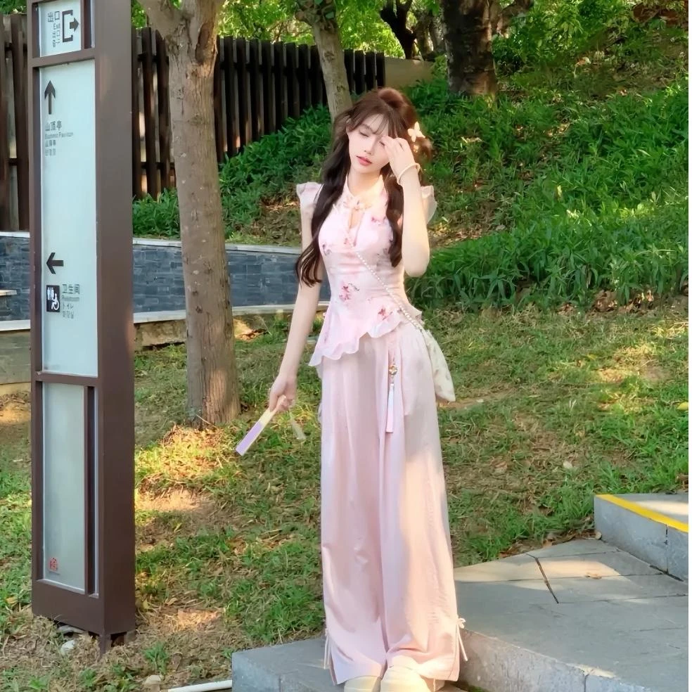 芙蕖盈盈 国风新中式温柔风仙气夏季新款上衣阔腿裤短裙两件套女