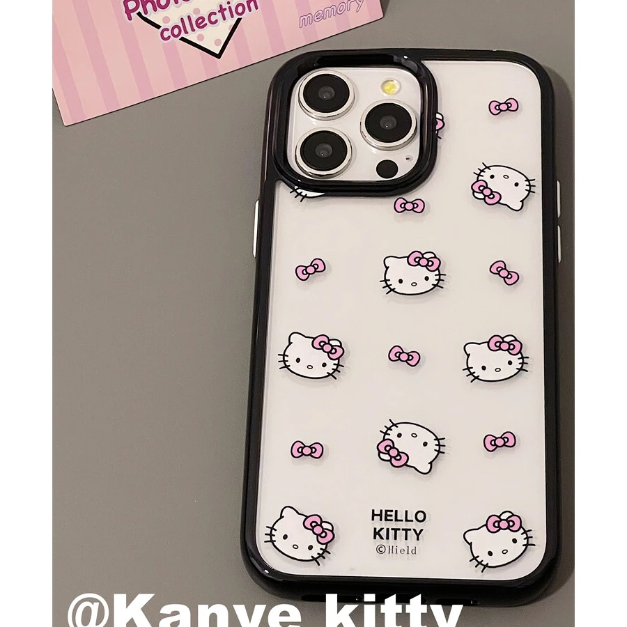 ins黑边粉色蝴蝶结kitty适用iPhone16promax苹果15手机壳13可爱11