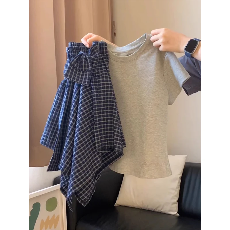 简约纯色短袖T恤辣妹格子不规则半身裙裤2025夏季新款时尚套装女