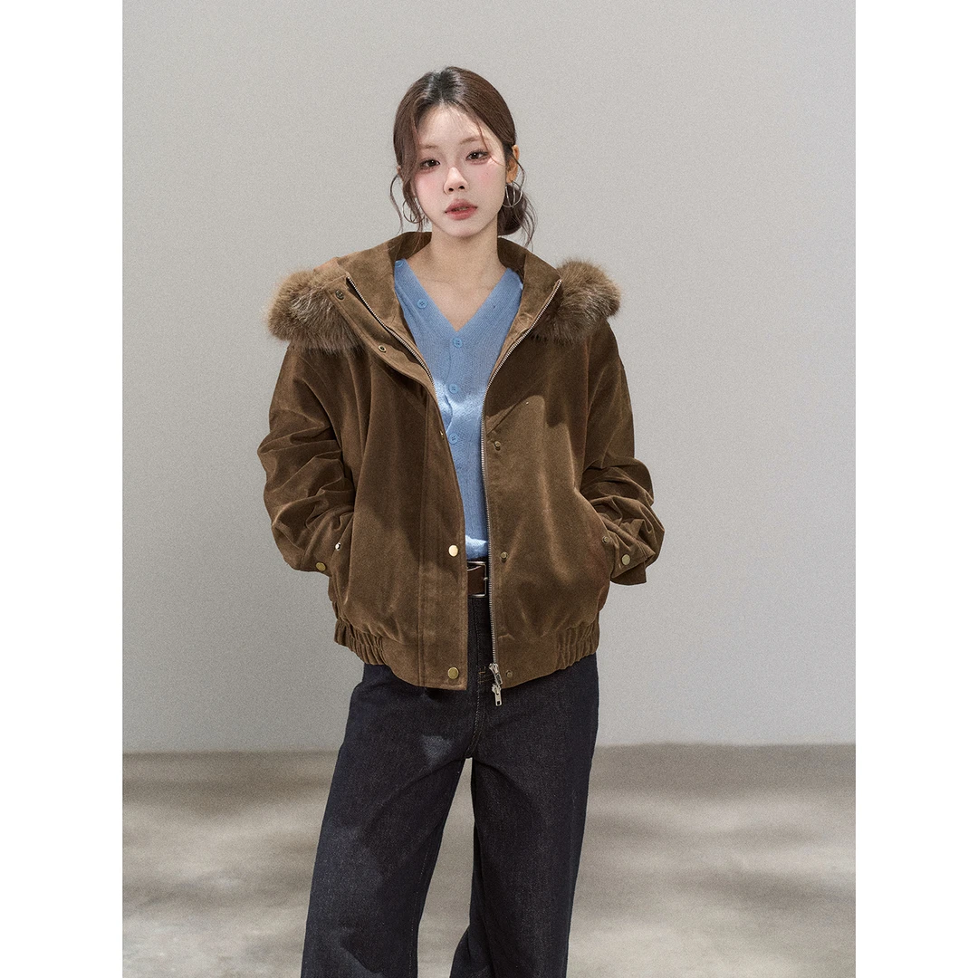 【小野莓】棕色休闲毛毛短外套女冬季宽松时尚夹克清清BD910077