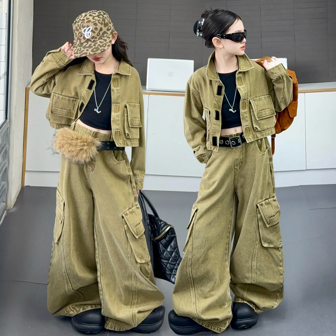 女童秋季装洋气工装裤套装2025新款6-12岁女大童牛仔阔腿裤两件套