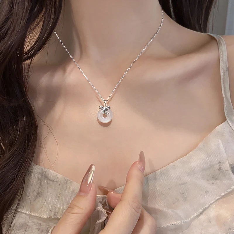 999银玉髓蝴蝶结项链女新款2025国风新中式毛衣链气质锁骨链