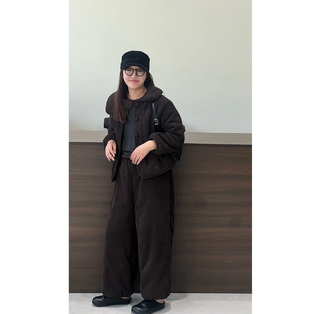 韩版时尚大翻领夹棉睡衣女冬季简约保暖加绒加厚家居服套装可外穿