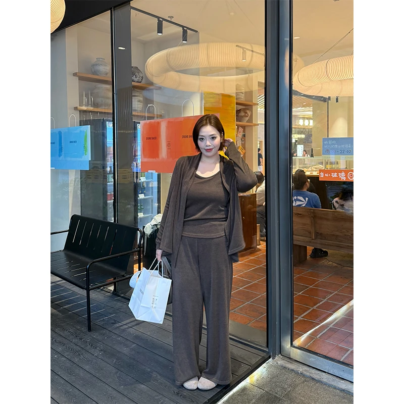 【懒人三件套】秋冬微胖休闲慵懒软糯背心开衫裤子三件套套装 8062