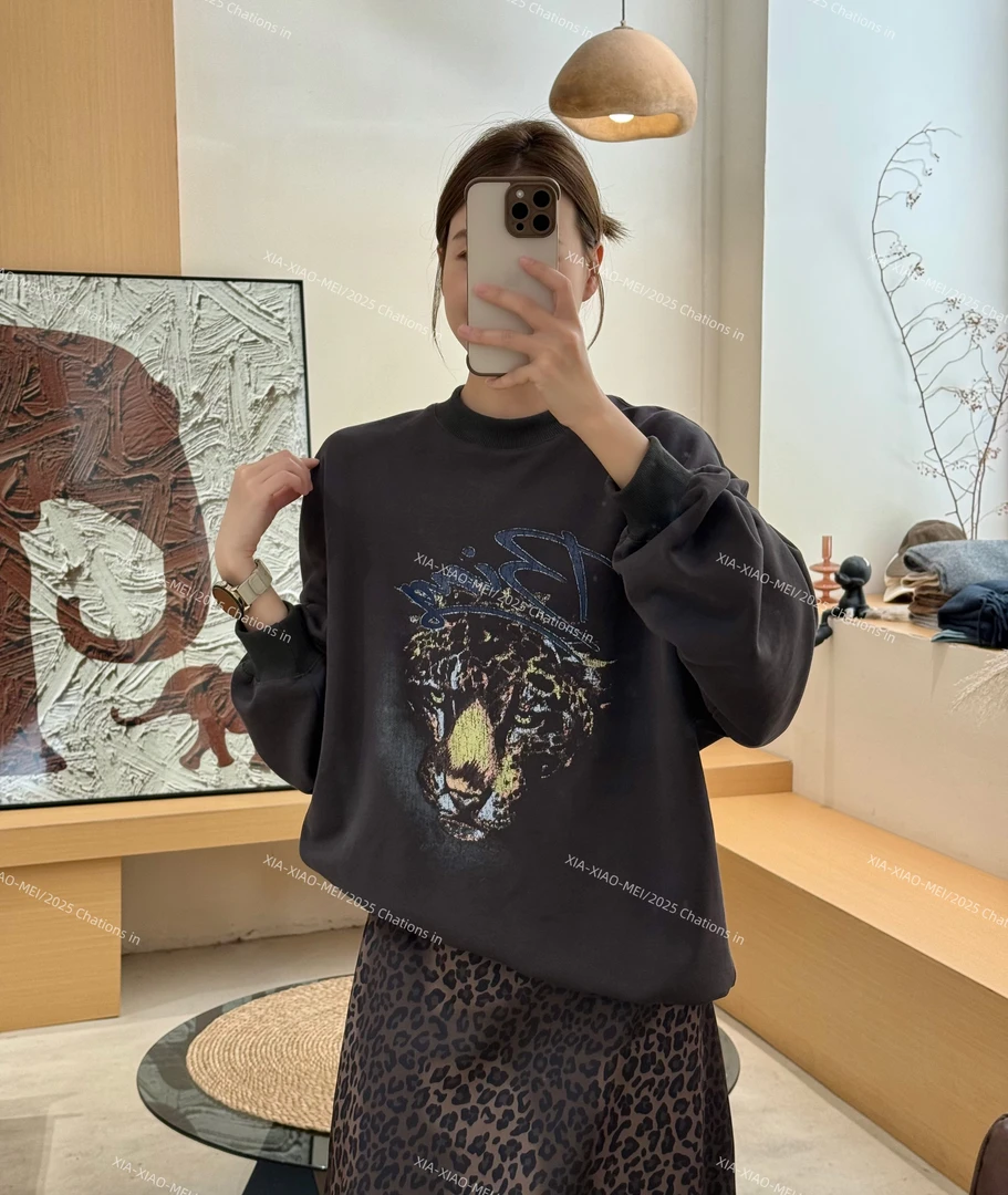 XIAOMEI ｜深灰色慵懒圈圈棉宽松印花卫衣-5336
