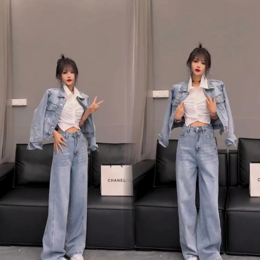 美式高街复古水洗牛仔短款夹克外套显腿长阔腿显瘦裤套装女两件套