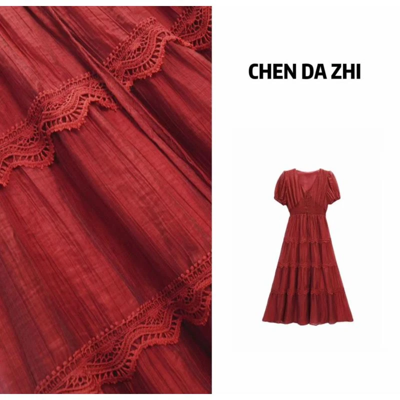 【慧慧私服】红山茶 短袖款复古吊带连衣裙拼接蕾丝蛋糕裙4CLWY3235