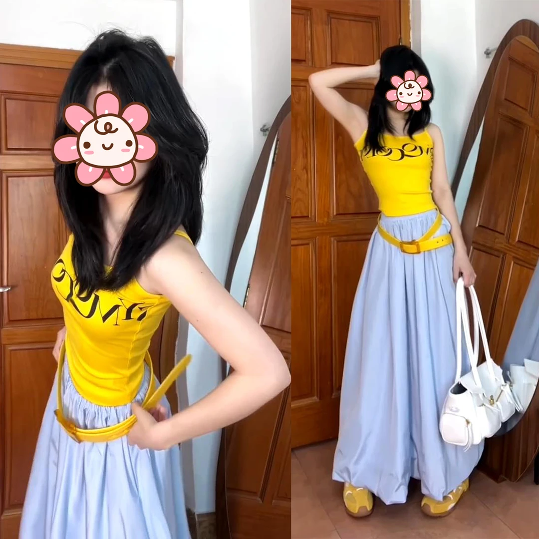 网红洋气炸街女装2025夏季新款美式辣妹字母印花吊带花苞裙两件套