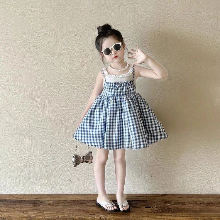 韩国童装2025夏季新款蓝格假两件吊带连衣裙女童花边大摆背心裙子