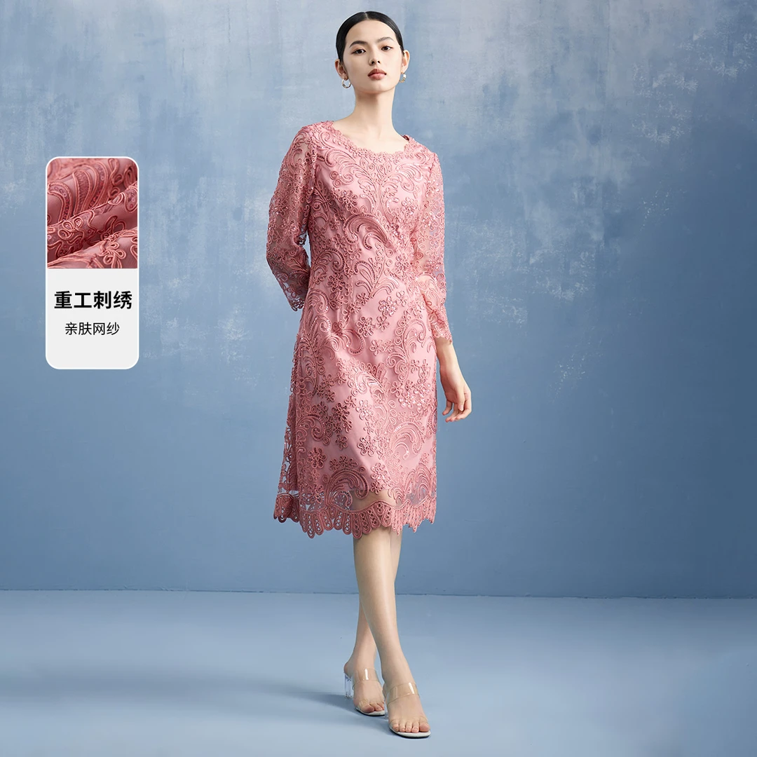 【粉丝专享】马天奴显瘦连衣裙气质长袖亲肤重工刺绣VDS189DRX0