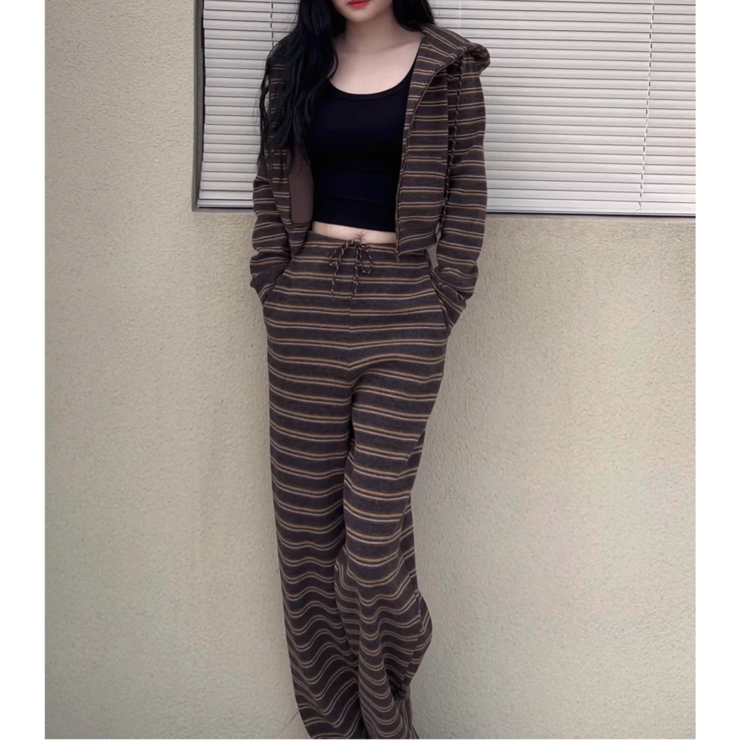 秋冬加绒加厚拉链条纹连帽卫衣套装女冬季拖地长裤慵懒三件套女