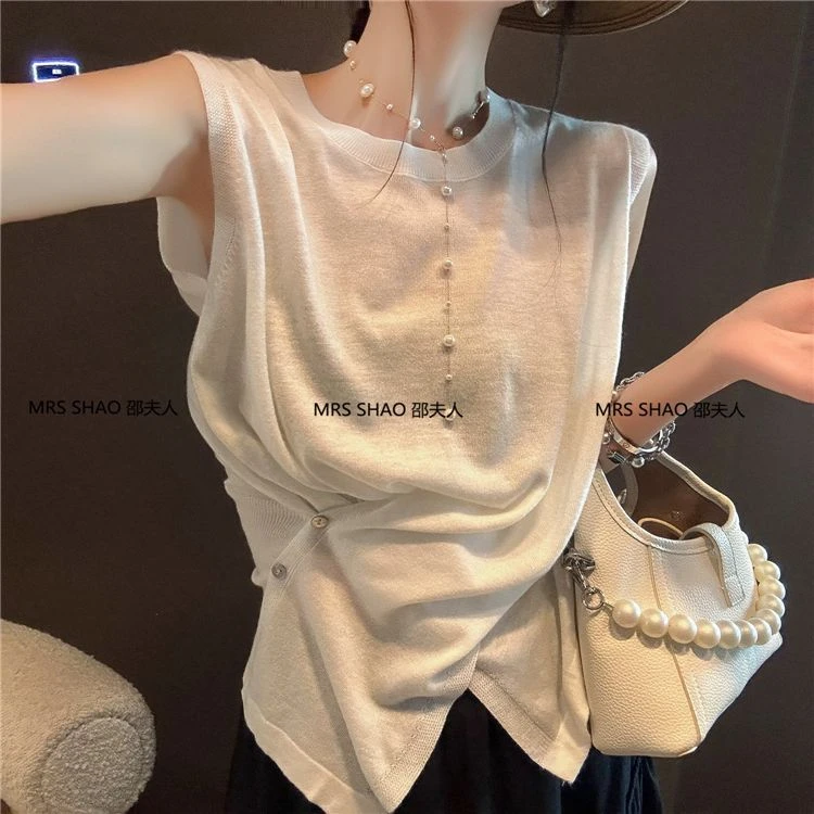 法式气质设计褶皱收腰无袖针织衫T恤女2025秋季新款百搭修身上衣