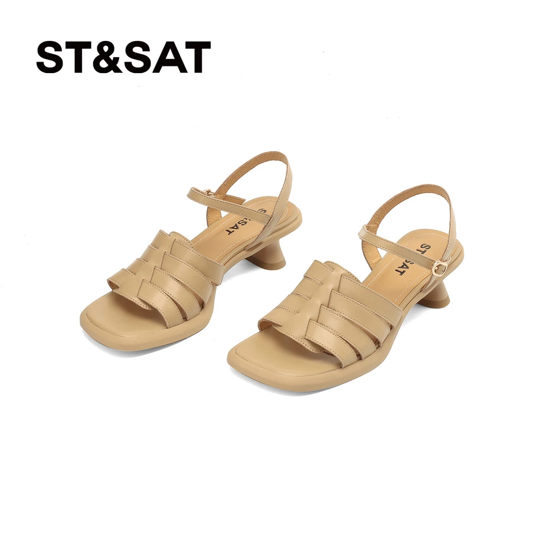 St&Sat星期六法式气质罗马凉鞋女镂空编织一字式扣带露趾简约舒适
