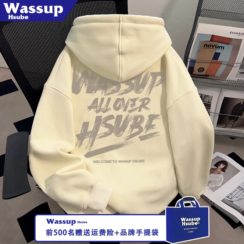 WASSUP韩系风重磅连帽男女款卫衣秋冬季杏色炫酷油墨英文印花上衣