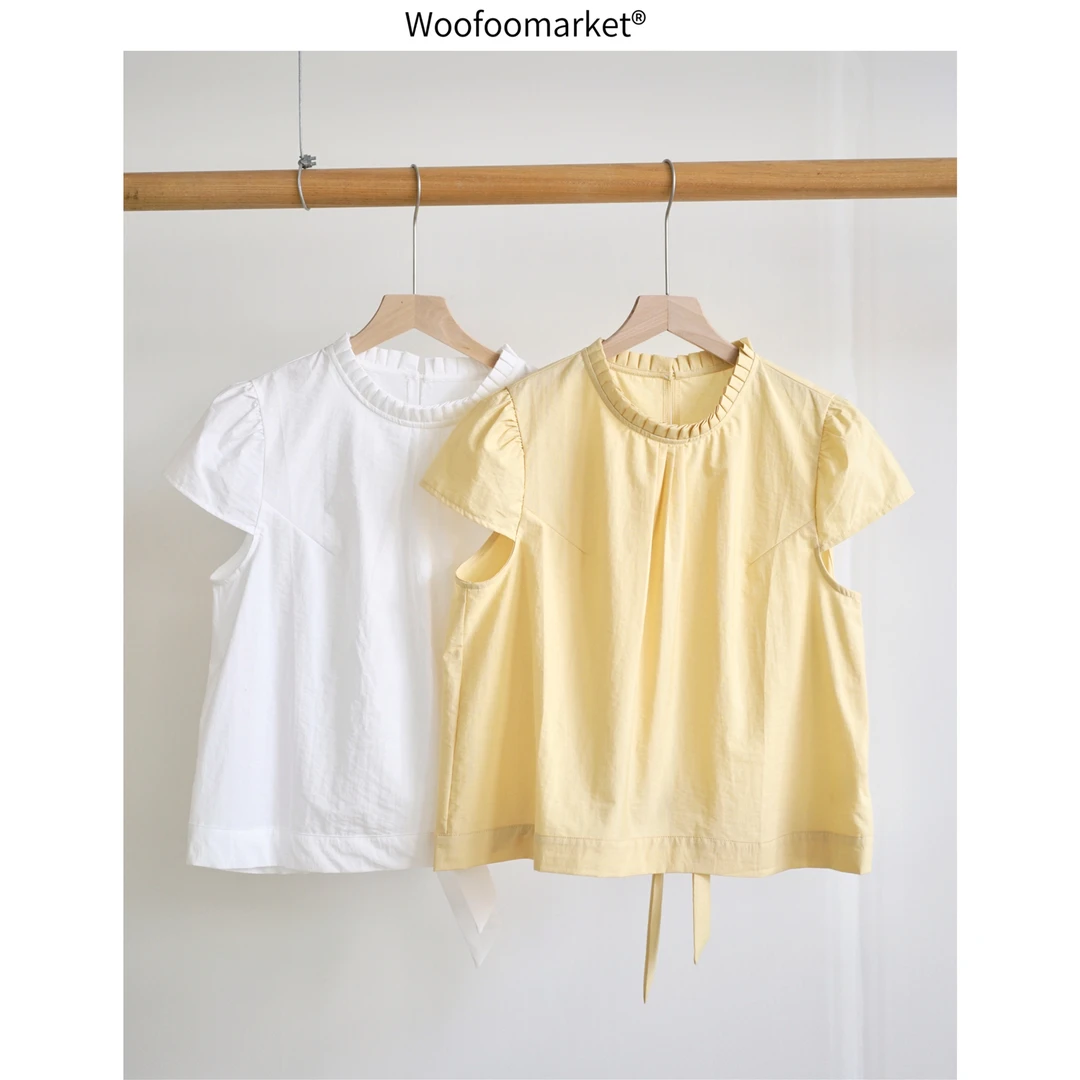 清清【海街日集】背后系带 减龄压褶领短袖衬衫女夏季小个子 CY944