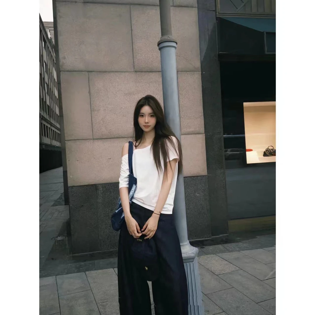 徐秋阳  斜肩t（常规版型)春夏新款百搭舒适显瘦气质斜肩设计上衣-