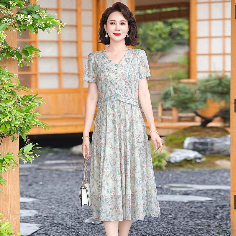 新款裙子夏季妈妈短袖洋气时尚a子裙子中老年女士连衣裙