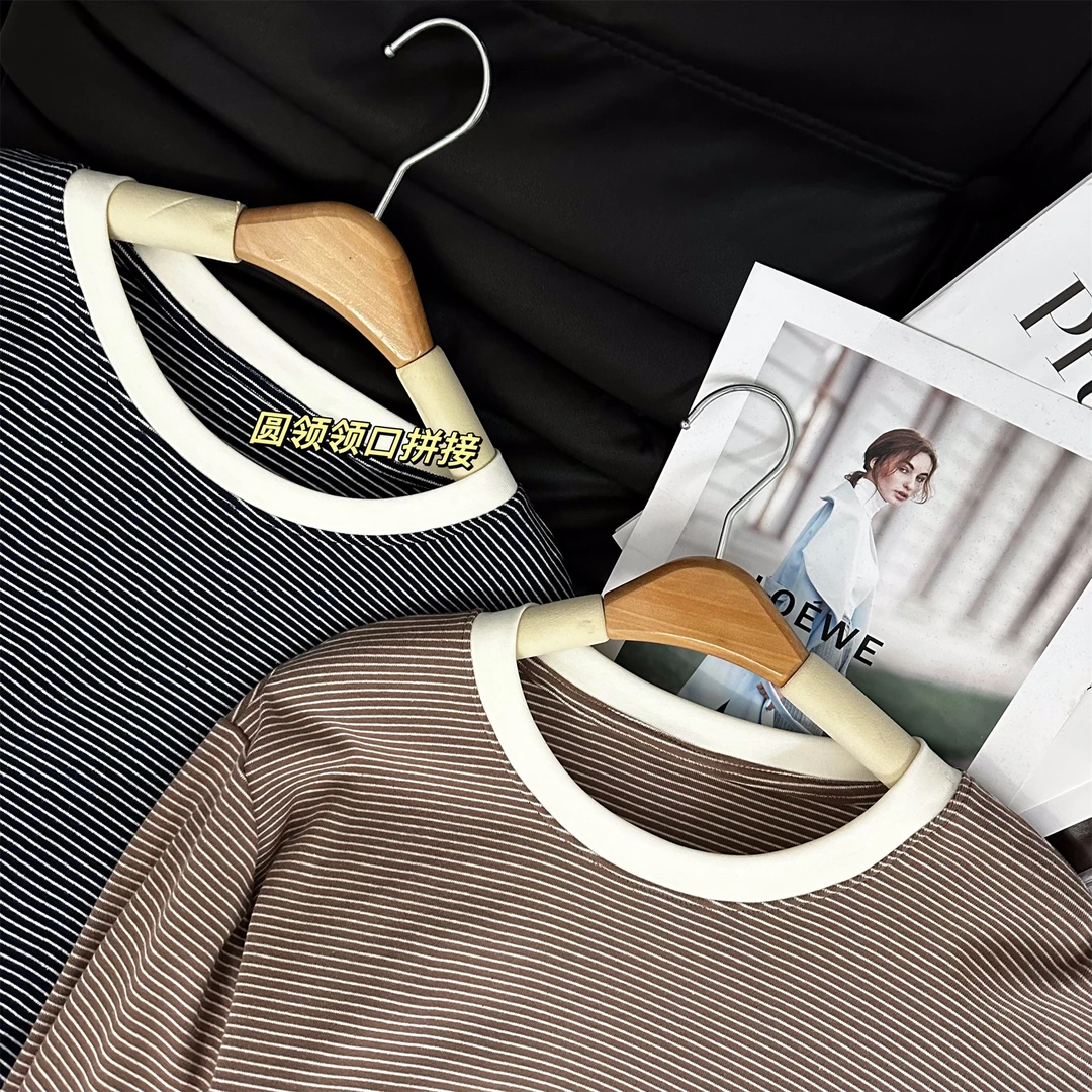 【瘦瘦】复古百搭领口撞色拼接假两件条纹长袖女显瘦打底衫S0930