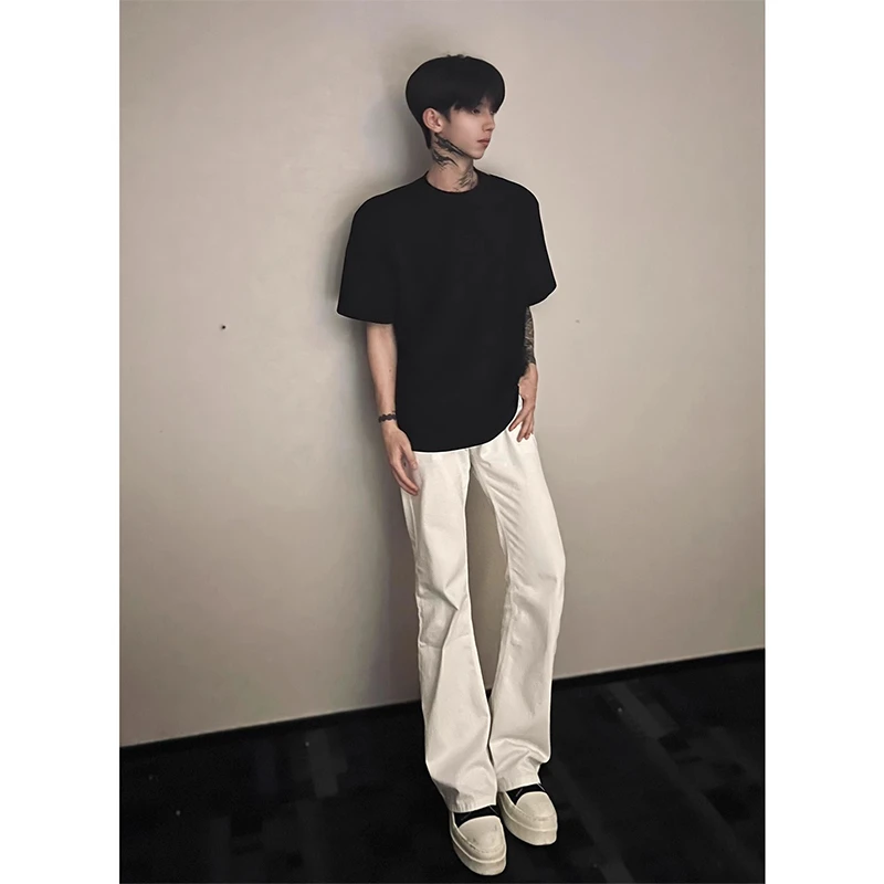 美式高街白色牛仔裤男夏季薄款弹力微喇直筒裤cleanfit窄版裤子