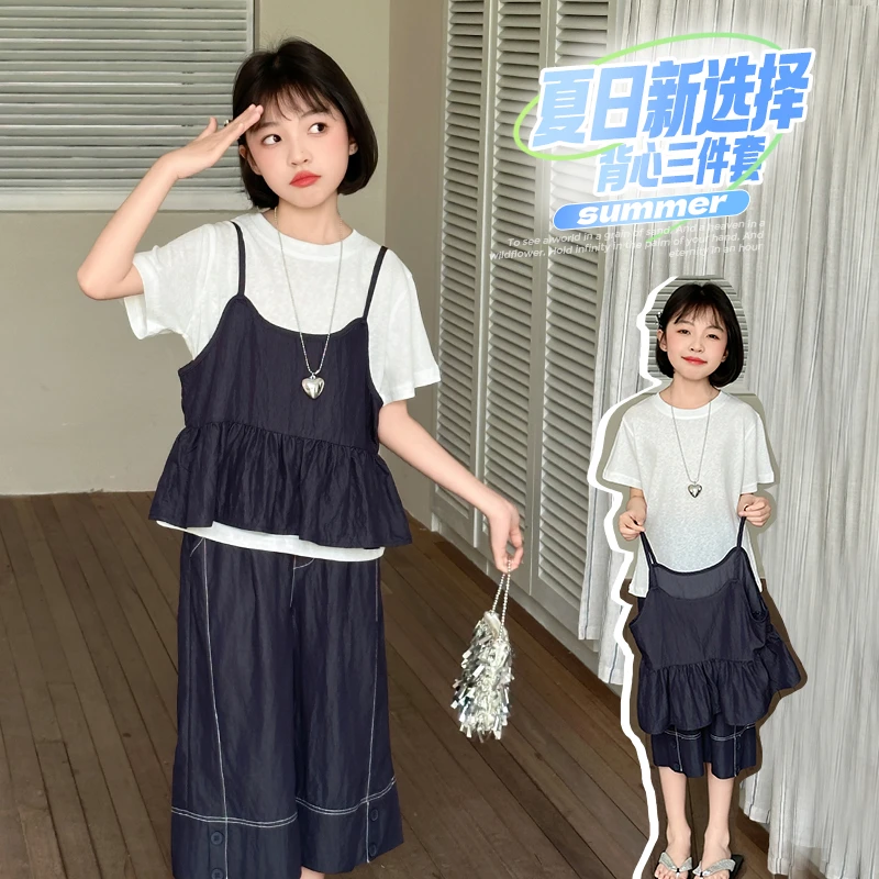 女童夏季天丝牛仔套装2025新款大童短袖吊带洋气休闲七分裤三件套