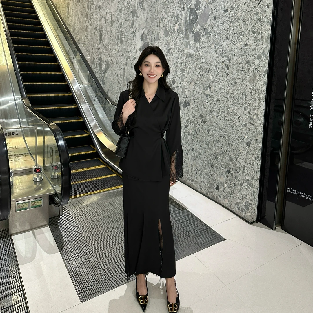 LiixuSP2025春季新款显瘦气质时尚黑色缎面蕾丝套装