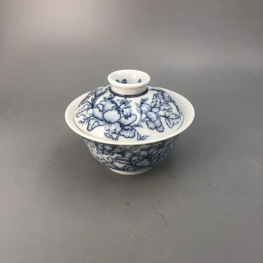 CL-C4395[学茶严选]雨后 湛蓝系列 白描芍药 盖碗（首）