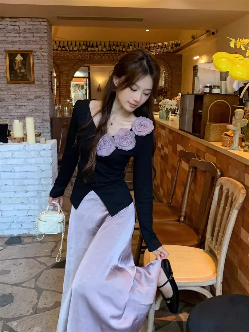 法式气质财阀富家千金风套装花朵长袖针织衫女装早秋半身裙两件套