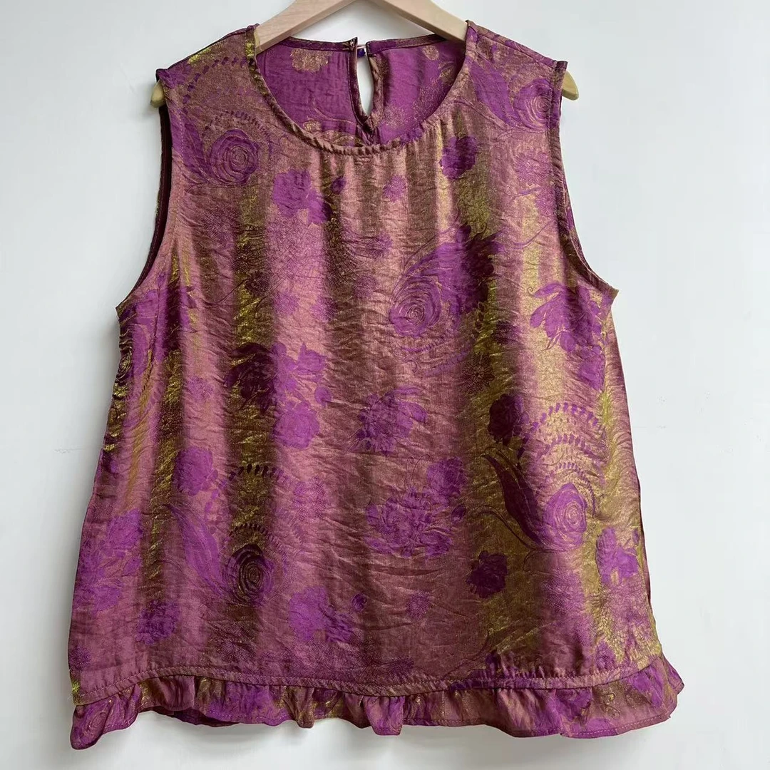 夏季新款圆领宽松小衫紫色百搭休闲女士薄款无袖上衣019