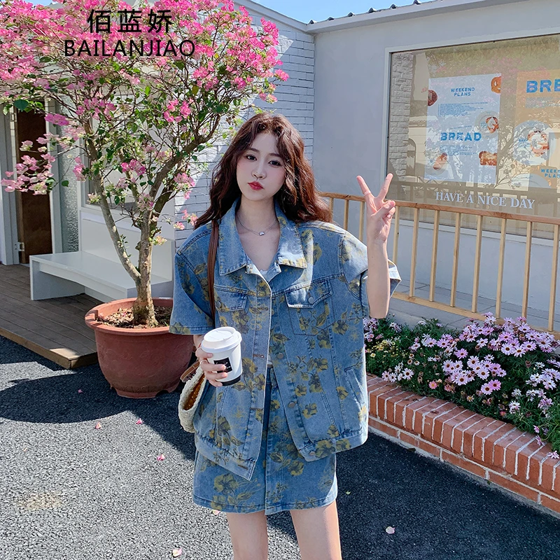 港风设计感复古印花牛仔套装裙女夏季2025新款上衣半身短裙两件套