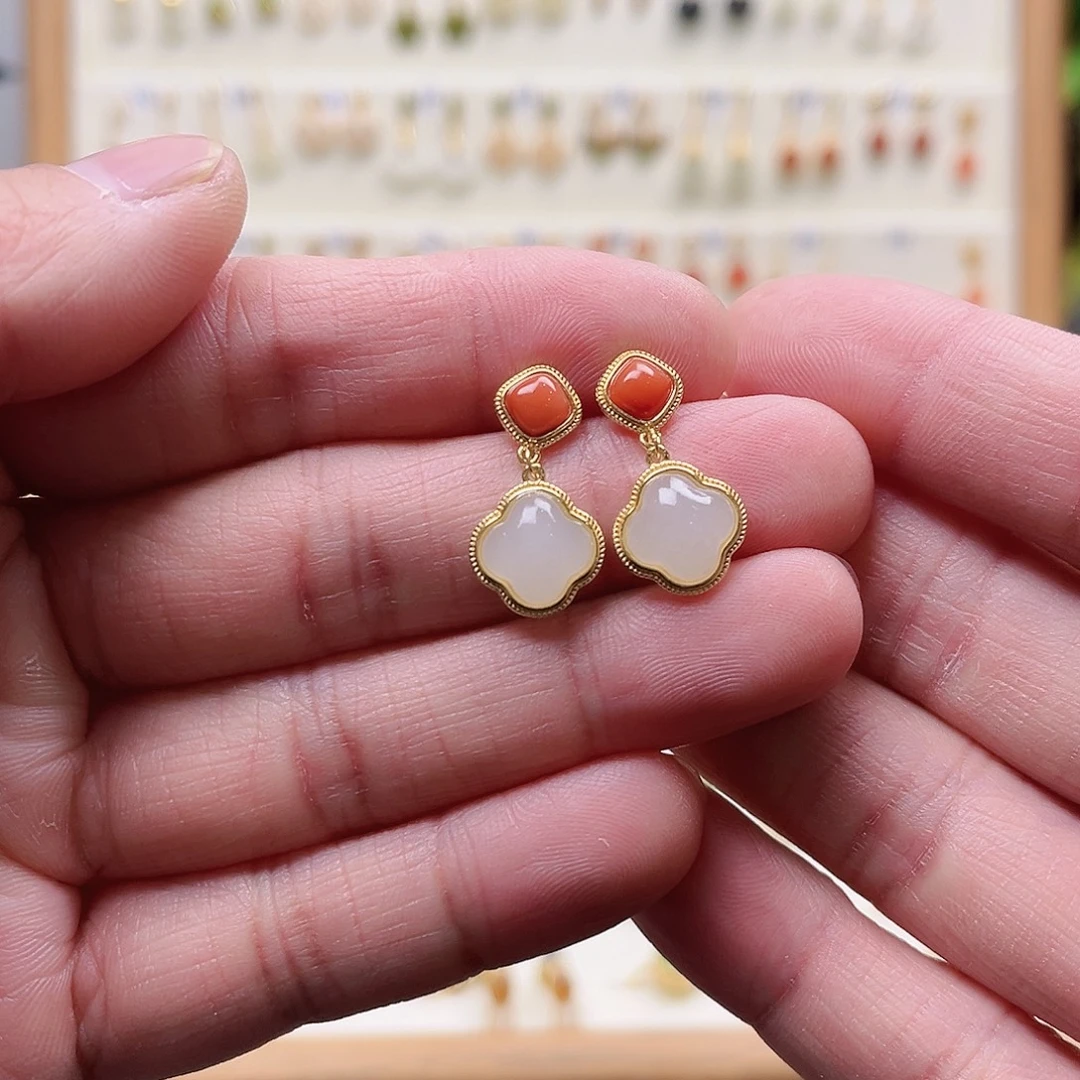 和田玉银S925镶嵌耳饰