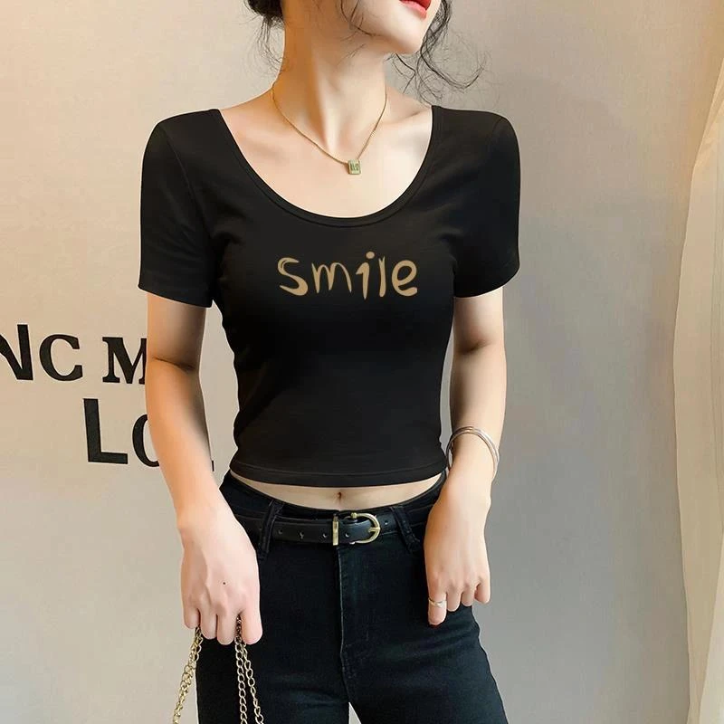 黑色双u领露背短袖t恤女2025夏季新款短款印花大领口修身显瘦上衣