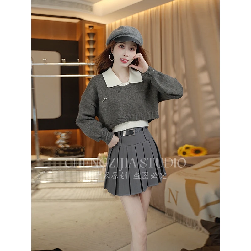 【裴诗婷】TZ00040胸针短款毛衣外套背心两件套套装