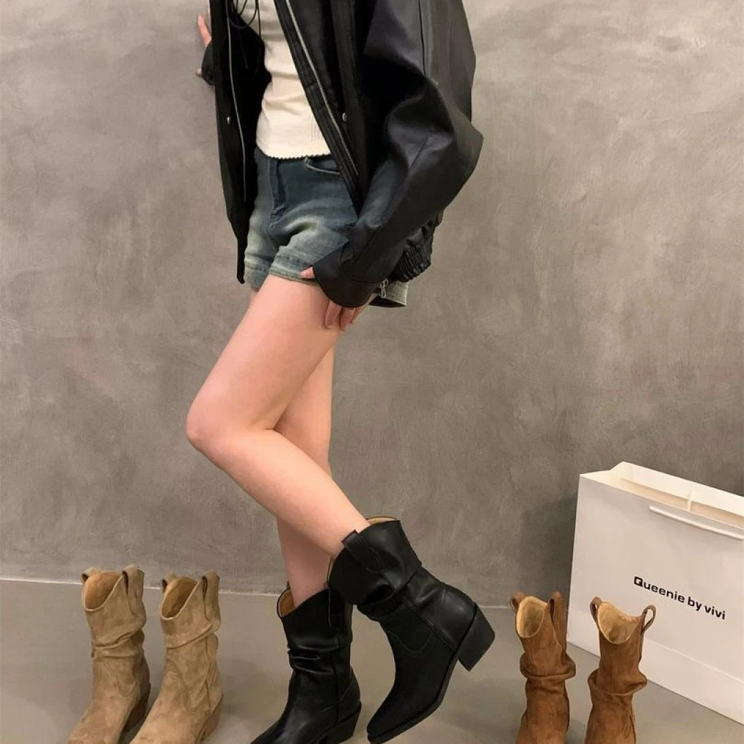【火火专属】 高跟靴复古堆堆靴V口西部靴褶皱马丁靴尖头粗跟短靴女