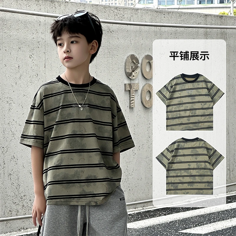男童条纹短袖2025夏季圆领时尚假破洞洋气军绿色休闲T恤百搭 洋气