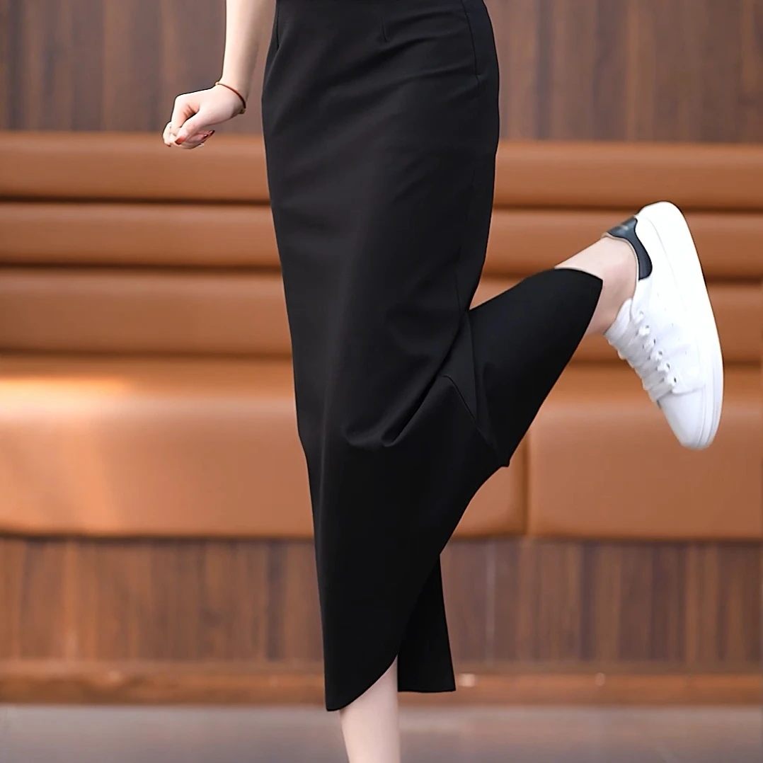 休闲夏季黑色半身裙显瘦女神范后开叉高腰西装裙修身时尚包臀裙女